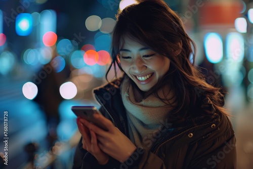 Smiling beauty asian woman model 20s using cell phone on a city street at night