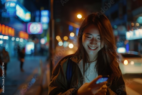 Smiling beauty asian woman model 20s using cell phone on a city street at night