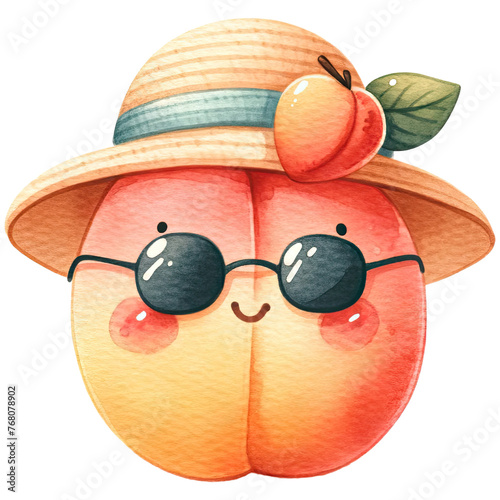 This delightful watercolor showcases a peach character sporting a summer hat and sunglasses, radiating joyful summer energy.