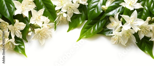   A group of white flowers on a green leaf background, with space for either text or an image