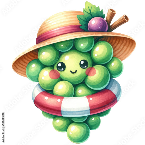 A cluster of grape characters donning a straw hat, complete with a playful life preserver, in a charming watercolor art piece.