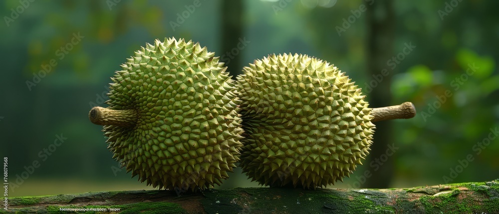 A couple of fruits dangling from a tree's branch, framing a dense forest behind A couple of fruits dangling from a tree's branch, framing a dense forest behind