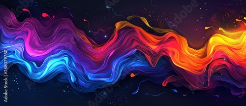  Multicolored waves with spacial divides on a dark background, adorned by celestial bodies above