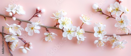   A cherry tree branch with white flowers on a pink background  providing space for text or images