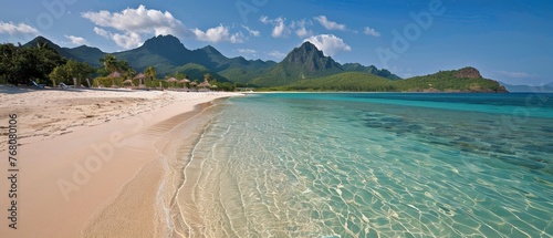  A beach with clear blue water and distant mountains