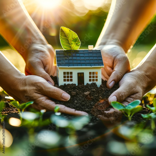 Conveying the idea of growth and renewable energy, hands planting a small house with a solar panel roof amidst soil and plants, highlighting sustainability photo