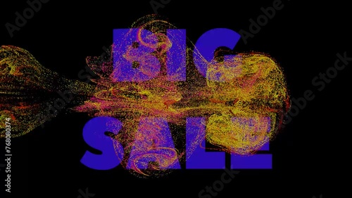 Big sale. Abstract fluid explosion iridescent purple and yellow waves glowing energy magical in liquid water. Abstract background. Fluid Particles. Motion design