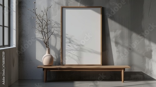 An empty rectangle frame mockup from oak wood in a  beautiful gray room. Generated by artificial intelligence.