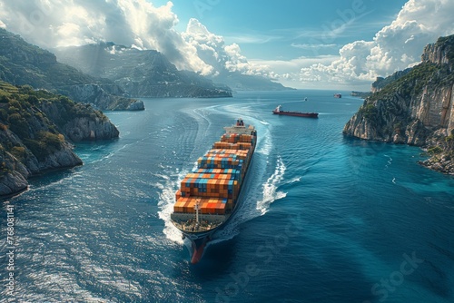 Freight ship carrying containers sailing towards shore photo