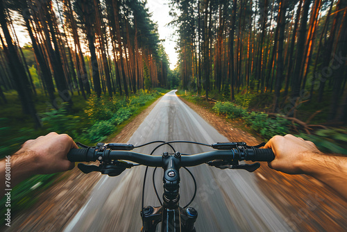 First-person view of cyclist riding along a road in the forest.