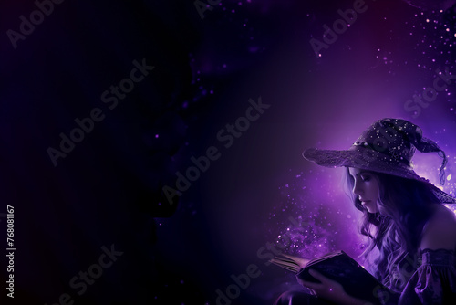 sorcière en tenue avec un chapeau pointu qui lit un livre de sortilèges qui brille et scintille et luit d'une lumière violette, Halloween sur Fond noir et violet avec espace négatif copy space photo