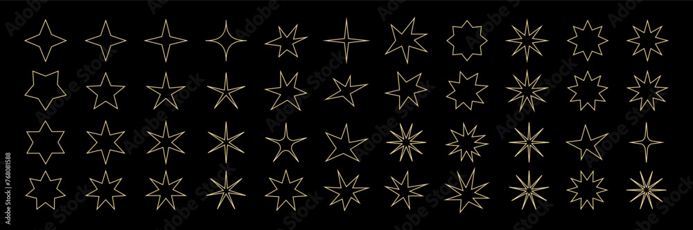 Obraz premium Brutalism stars. Minimalistic geometric gold outline stars on a black background. Contemporary forms. Isolated floral elements silhouettes. Abstract contour shapes. Vector graphic set illustration