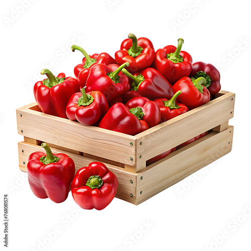 Red pepper in a wooden box close-up, isolated on a transparent background.