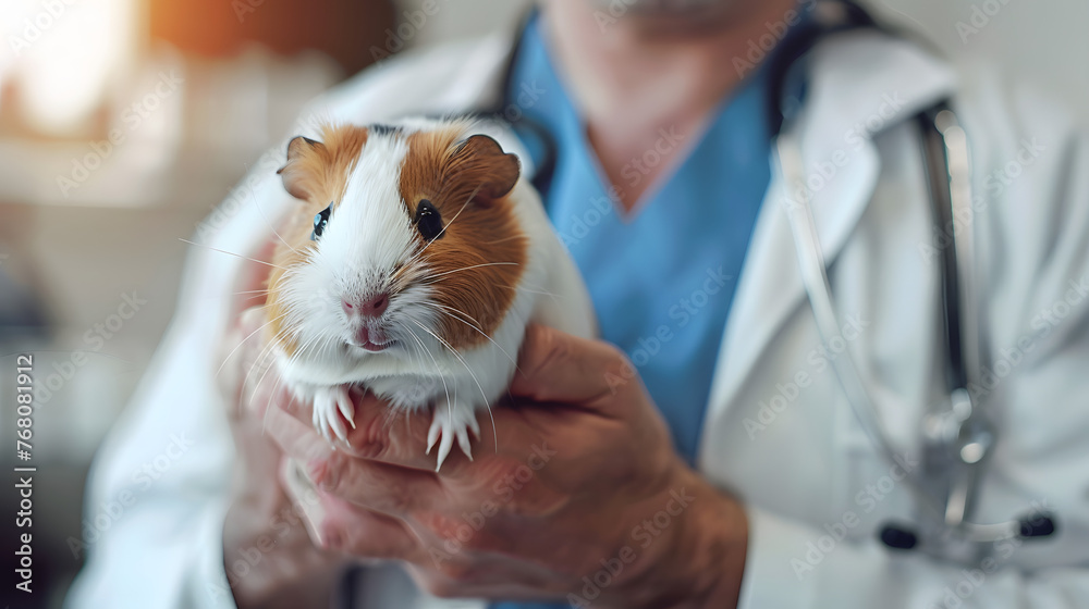 a male excotic pet vet holding a guinea pig bokeh style background - obrazy, fototapety, plakaty 
