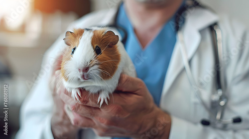 a male excotic pet vet holding a guinea pig bokeh style background photo