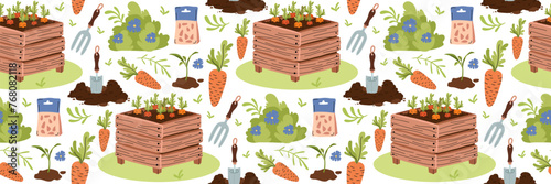 Spring farming and gardening Pattern. Carrot seedling in wooden box. Growing vegetables. Compost.