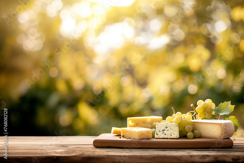 plateau de fromages français sur une planche en bois sur une table. Emmental, bleu, Saint Nectaire et tome avec du raisin, fond flouté d'un jardin photo