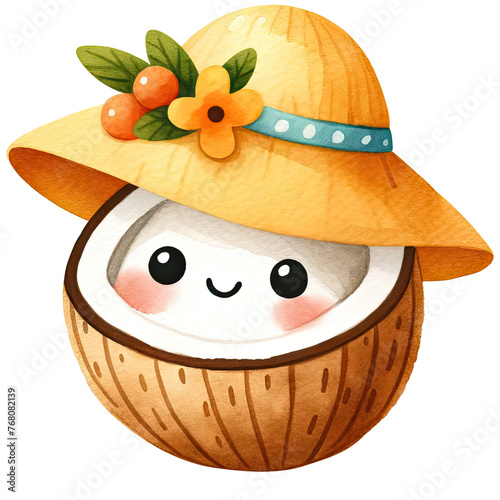 Joyful coconut character sporting a sun hat, presenting a cute and inviting summer theme in watercolor.