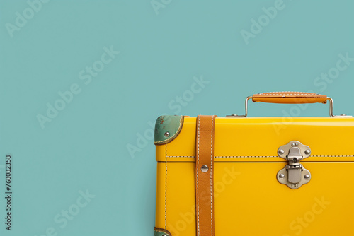 vue rapprochée sur les détails d'une valise jaune  et bleu avec du cuir sur un fond bleu gris avec espace négatif copy space. Voyager, agence de voyage, réservation et organisation, vacances photo