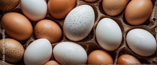 Chicken eggs of different colors and sizes.