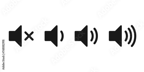 Speaker volume icons with sound waves. Volume up, down, and mute collection. Vector illustration