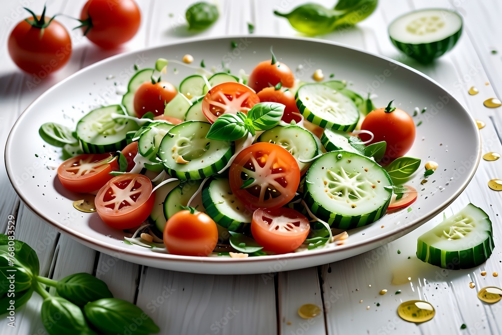 fresh salad with cucumbers and tomato pieces fly in the air above the plate. fresh salad with cucumbers and tomato pieces fly in the air above the plate.