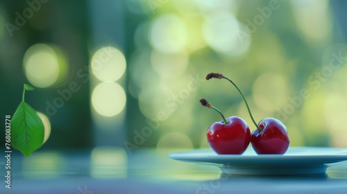 Cereja vermelha em um mesa no fundo desfocado