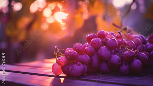 Cacho de uvas roxas em um mesa no fundo desfocado photo