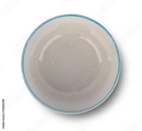 Blue rimmed bowl ,ceramic bowl on white background, top view