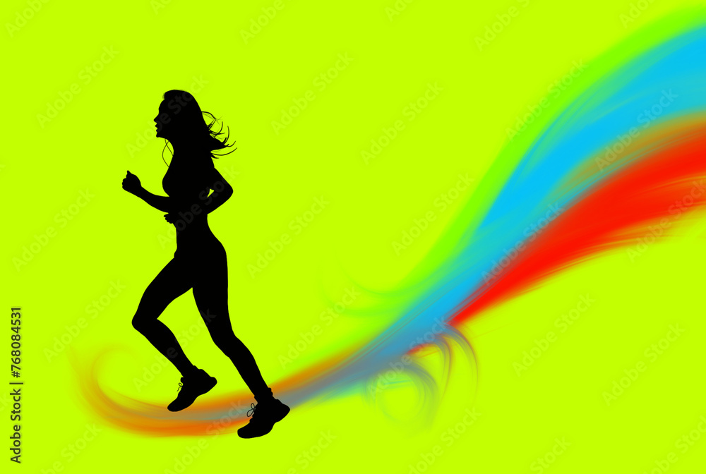 black silhouette of a woman running in the morning on a colorful abstract green background