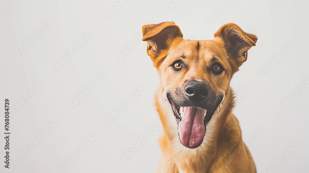 A cheerful brown dog with perky ears and a big toothy smile presents a portrait of contentment against a minimalist backdrop.