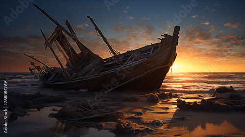 boat on the sea, An HD capture of a shipwreck aftermath: two boats entangled, their collision unraveling the mystery of the "empty ship effect," where the vessel’s interior holds memories and emotions