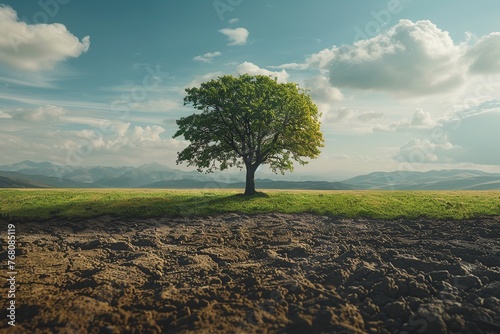 This conceptual image portrays the stark difference between a thriving, green field and a dry, desolate area, with a resilient tree symbolizing growth and vitality amidst the changing environmental 