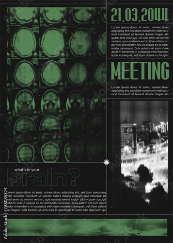 Flyer of rave party template. With halftone elements brain x-rays and street and road views. Green and black colors. Grunge trendy collage design. Vector art.