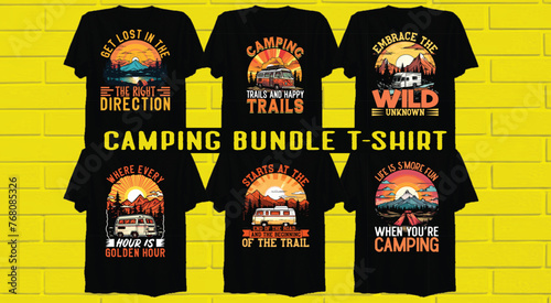 
Camping Bundle t-shirt design Vector , camping Bundle t-shirt design ideas Tamplate, Typography camping Bundle t-shirts for family, A design for a tshirt or an illustration of forest and tent