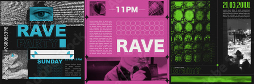 Set of square template posters or IG Posts with acid green and blue and pink colors. And halftone collage elements. Vector trendy dada design. Rave party invitation.