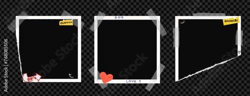 Set of square photo frame picture with stickers and tape. Vintage ripped paper for album template, White torn photograph. Old vector on transparent background as a png.