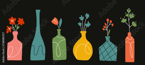 Set of flower vase with doodle lines and paper textute. Pottery illustration of antique objects. Vectore ceramic urn isolated on black bg.
