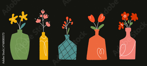 Set of flower vase with doodle lines and paper textute. Pottery contamporary illustration of antique objects. Vectore ceramic urn isolated on black bg.