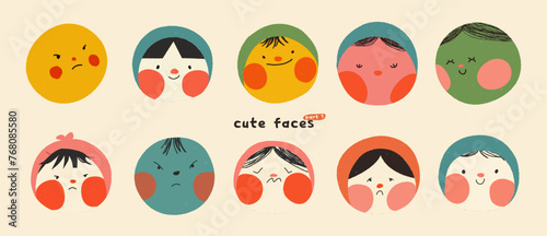 Quirky cute asian avatars in circles. People kids faces with doodles. Abstract vector cartoon. Happy person smile, and sad. Funny trendy characters