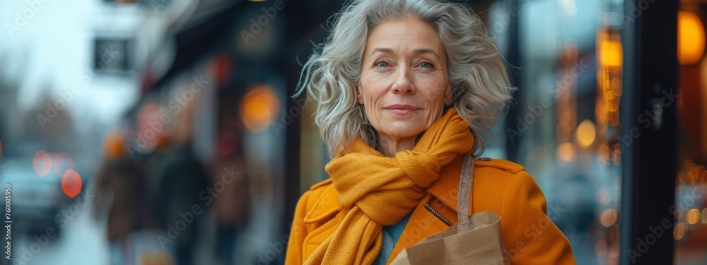 portrait of middle-aged woman shopping with bags.