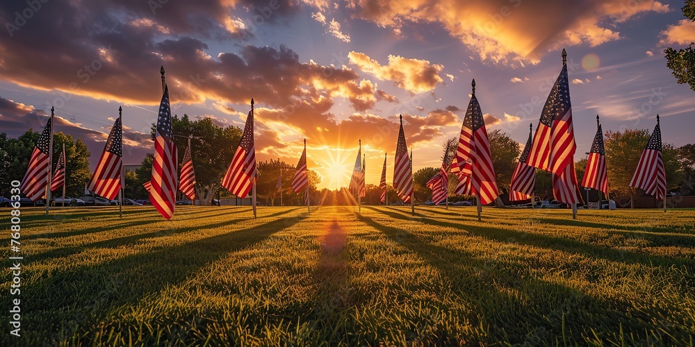  Dawn of Honor, Sunrise between flags - obrazy, fototapety, plakaty 
