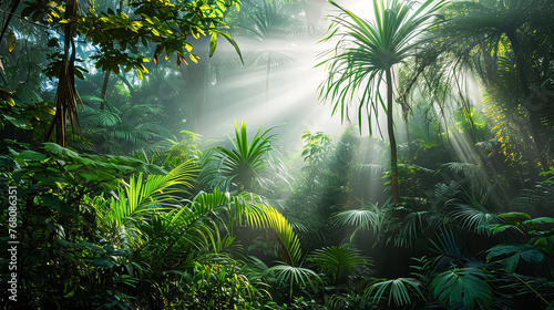 A lush, tropical jungle with a bright sun shining through the trees.
