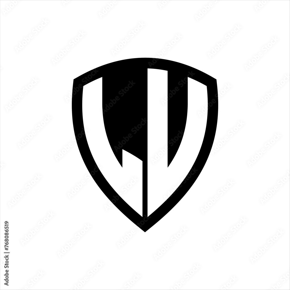 LU monogram logo with bold letters shield shape with black and white color design LU monogram logo with bold letters shield shape with black and white color design