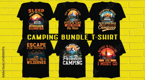 
Camping Bundle t-shirt design Vector , camping Bundle t-shirt design ideas Tamplate, Typography camping Bundle t-shirts for family, A design for a tshirt or an illustration of forest and tent