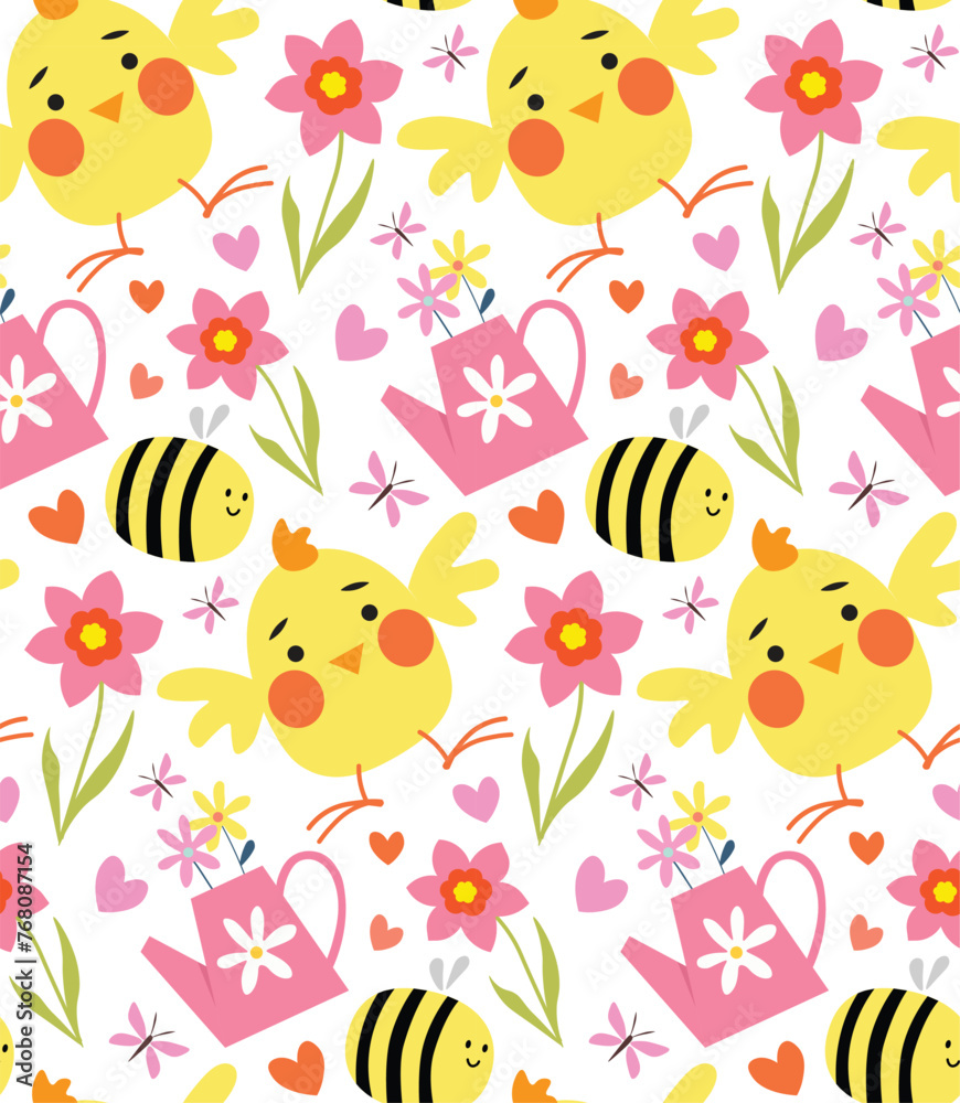 Easter holiday seamless pattern with yellow chicks and flowers