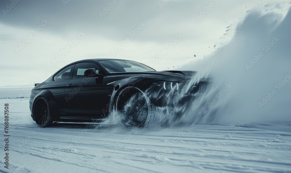 Black modern powerful car driving fast on snow and drifting  with amazing backgorund