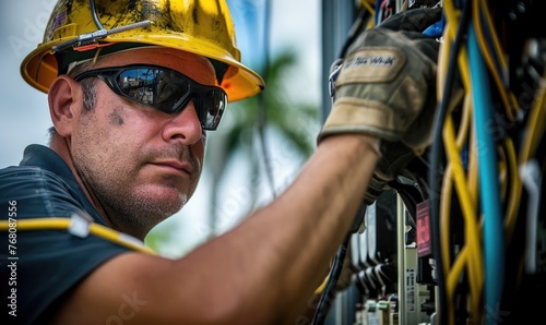 Close up photograph of an electrician worker checking Electrical distribution during the afternoon .