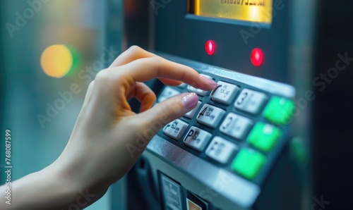 Close up shot of woman's hand pressing the buttons on the ATM keypad.