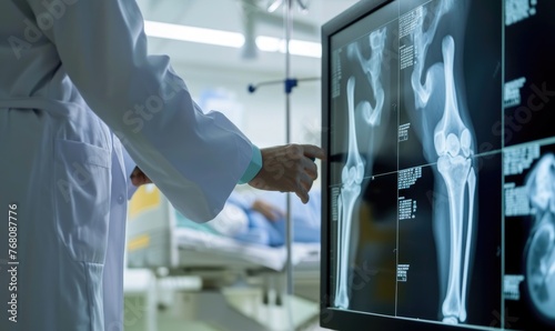 A doctor in white coat examines a joint on an x-ray film in an indoor hospital setting, with determination and precision.